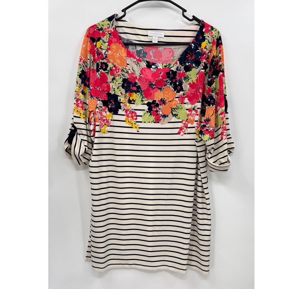 Charter Club 3X Tunic Woman White‎ Floral Striped Roll-Tab Sleeve Boat Neck Top